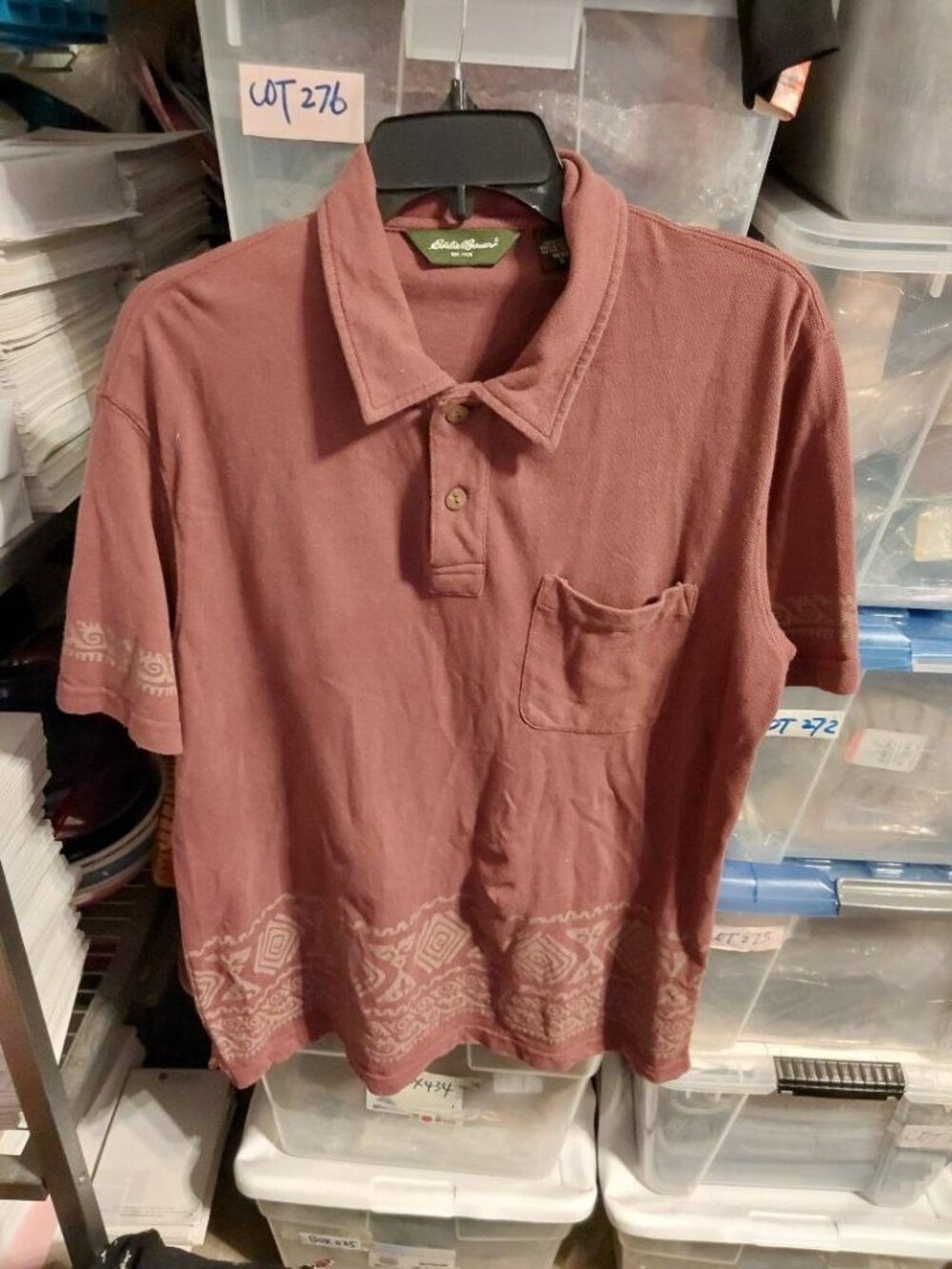 Vintage Eddie Bauer Polo Shirt Brown W Pattern SzS W Defect Middle Front Stain